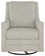 Light gray swivel accent chair with cushioned backrest and seat, black base rings