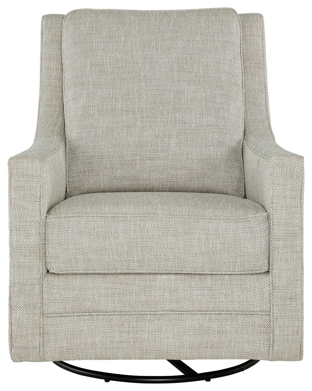 Light gray swivel accent chair with cushioned backrest and seat, black base rings