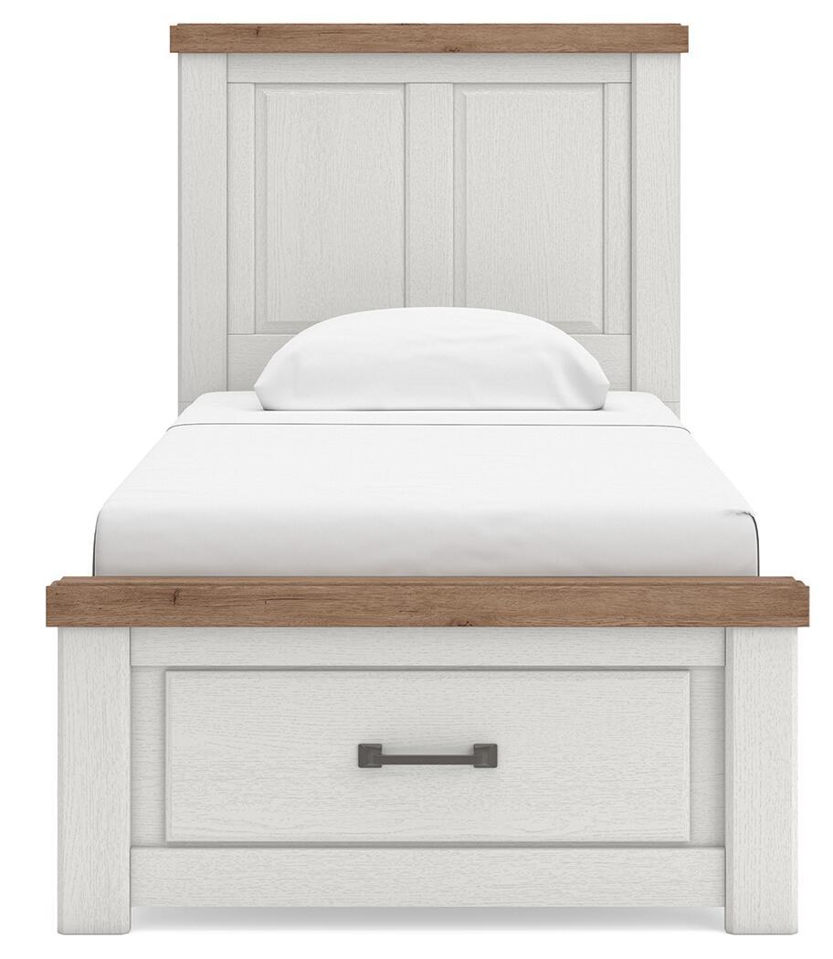 White panel storage bed with single under-bed drawer and wood-trim accents
