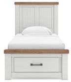 White panel storage bed with single under-bed drawer and wood-trim accents