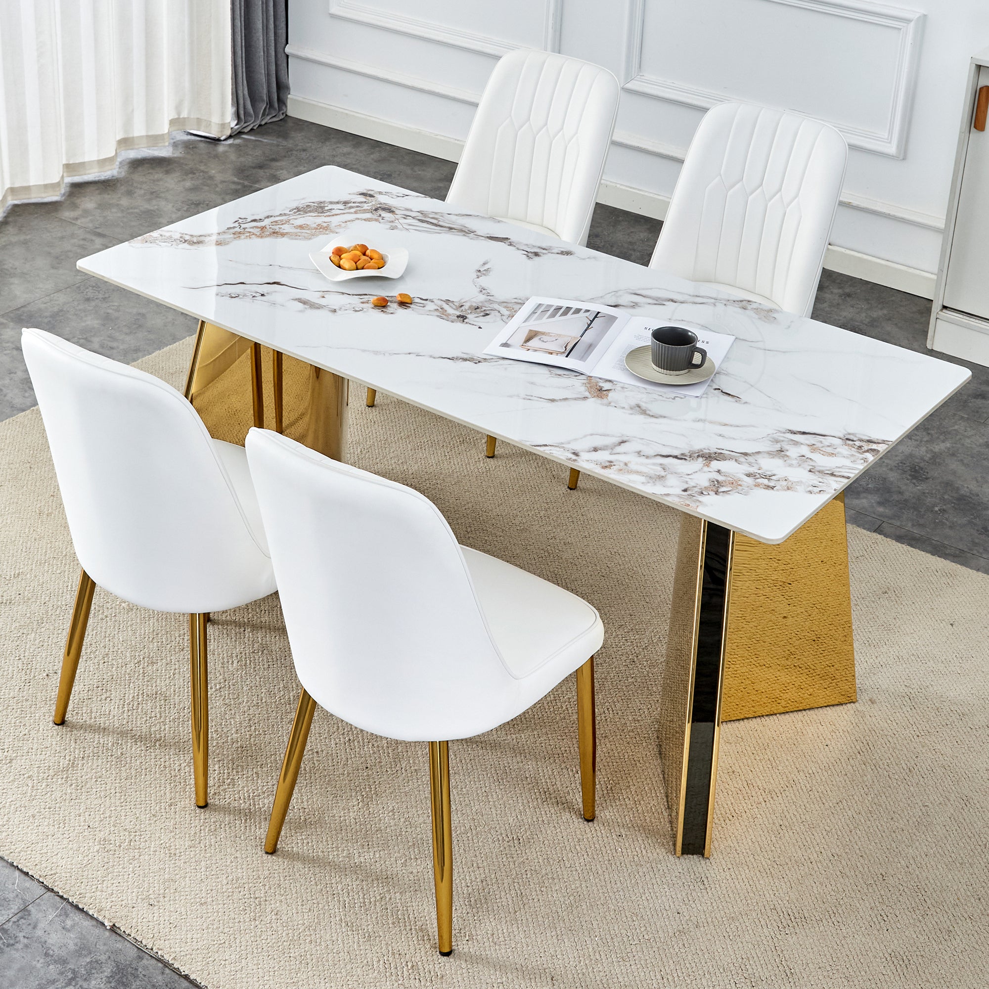 Jade Stone Dining Table & 4 White Chairs