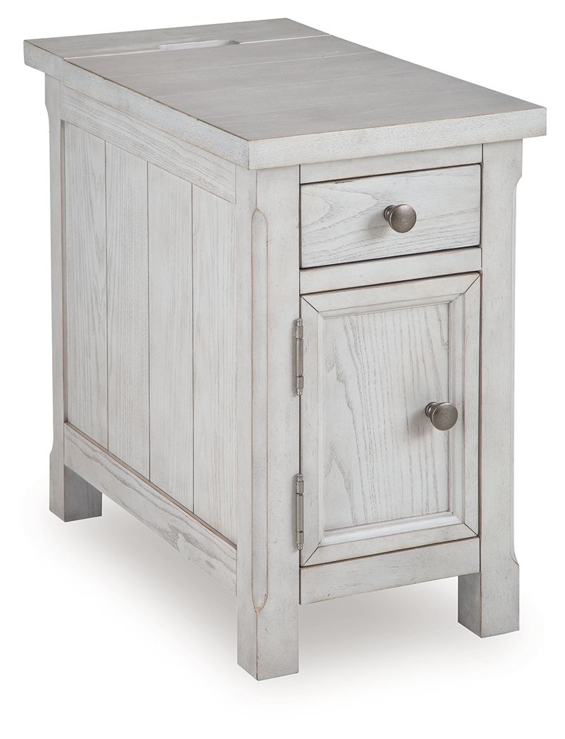White side table with a drawer and a cabinet door, round metal knobs and hinges.