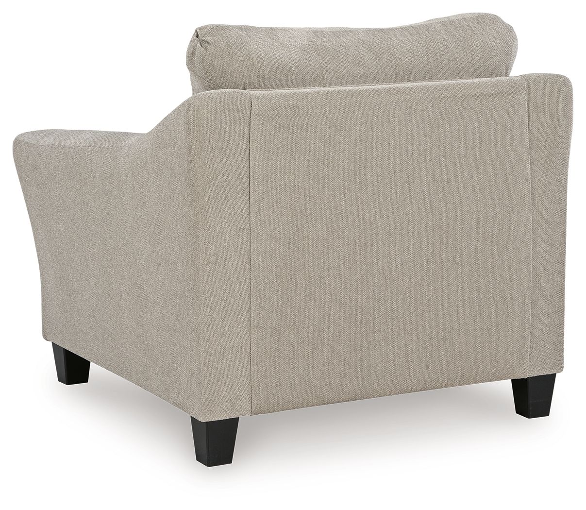 Taupe upholstered chair back and seat with wide arms and dark square legs