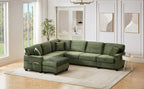Green corduroy U-shaped sectional sofa with movable ottoman and tufted cushions
