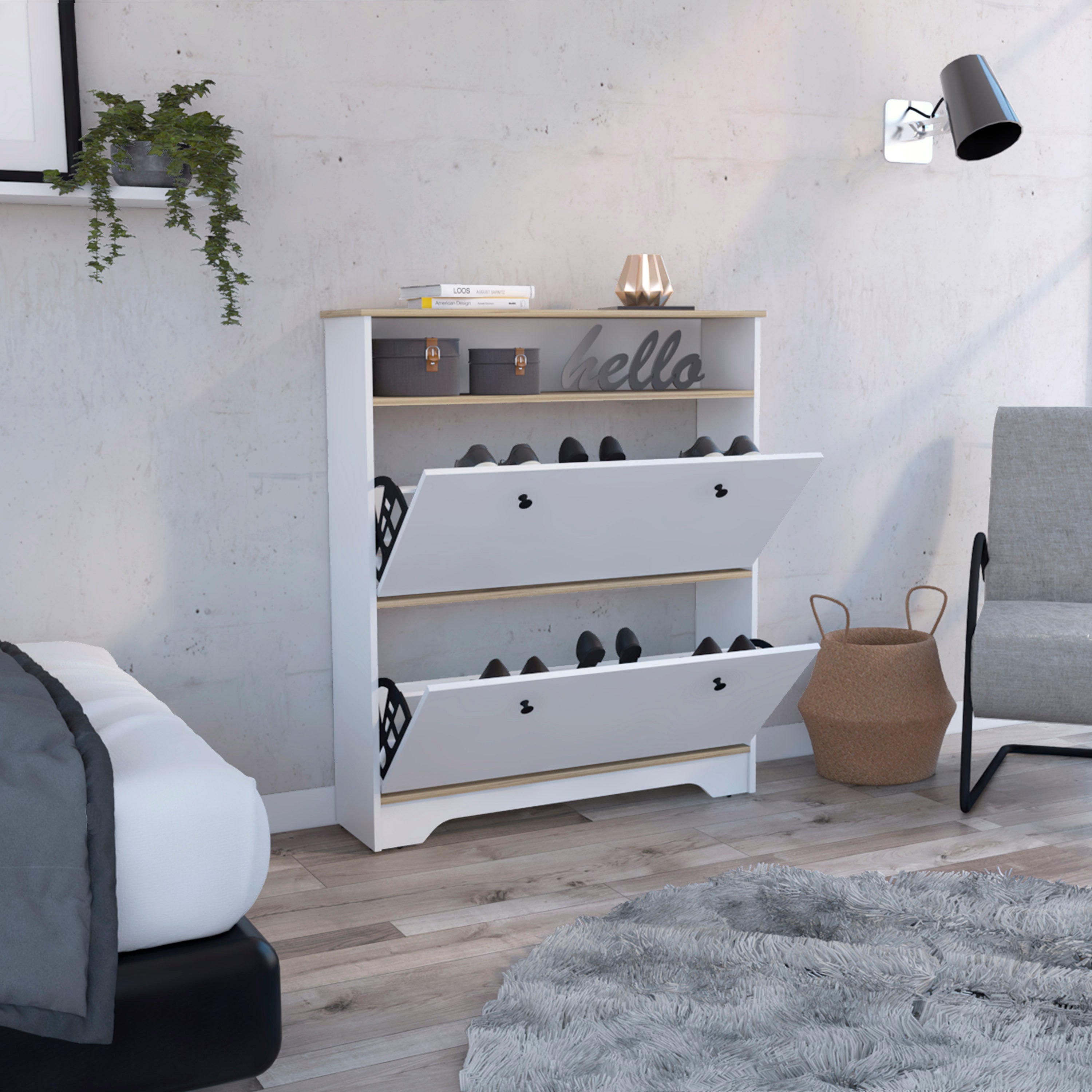 Shoe Rack Dublin: Open Shelf, Extendable Cabinets, Oak/White