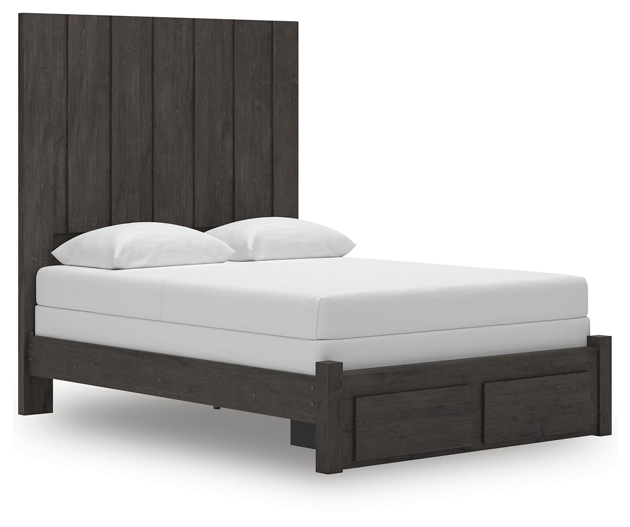 Dark gray panel storage bed with tall headboard, white mattress, and two pillows