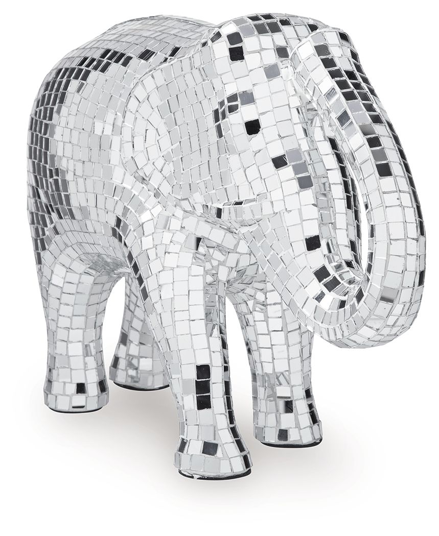 Silver mosaic elephant sculpture side view with raised trunk and small black tile accents