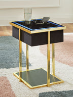 Black accent table with gold legs, blue-lit top panel, glass drink holder and lower shelf