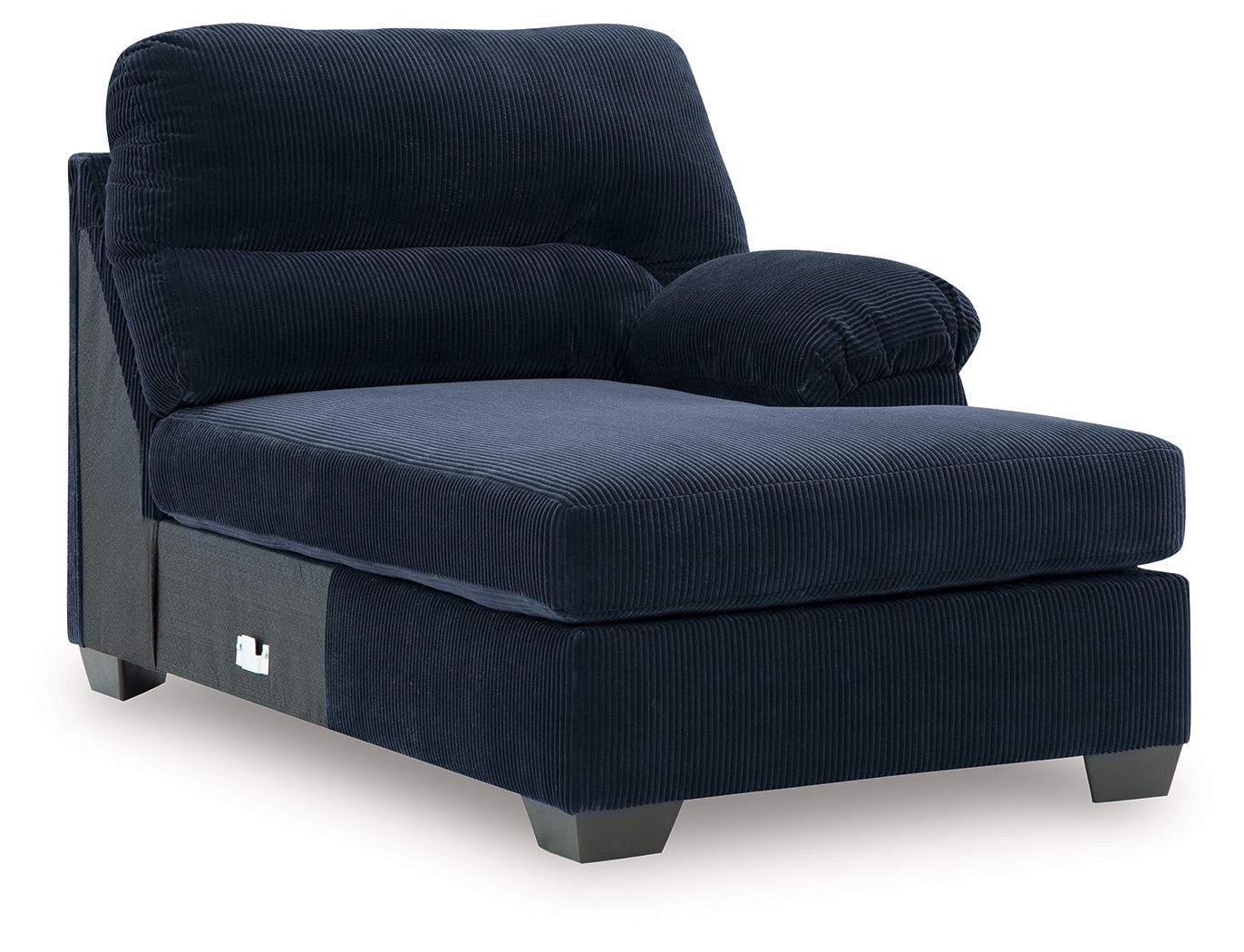 Navy ribbed corner chaise with rounded arms and cushioned seat