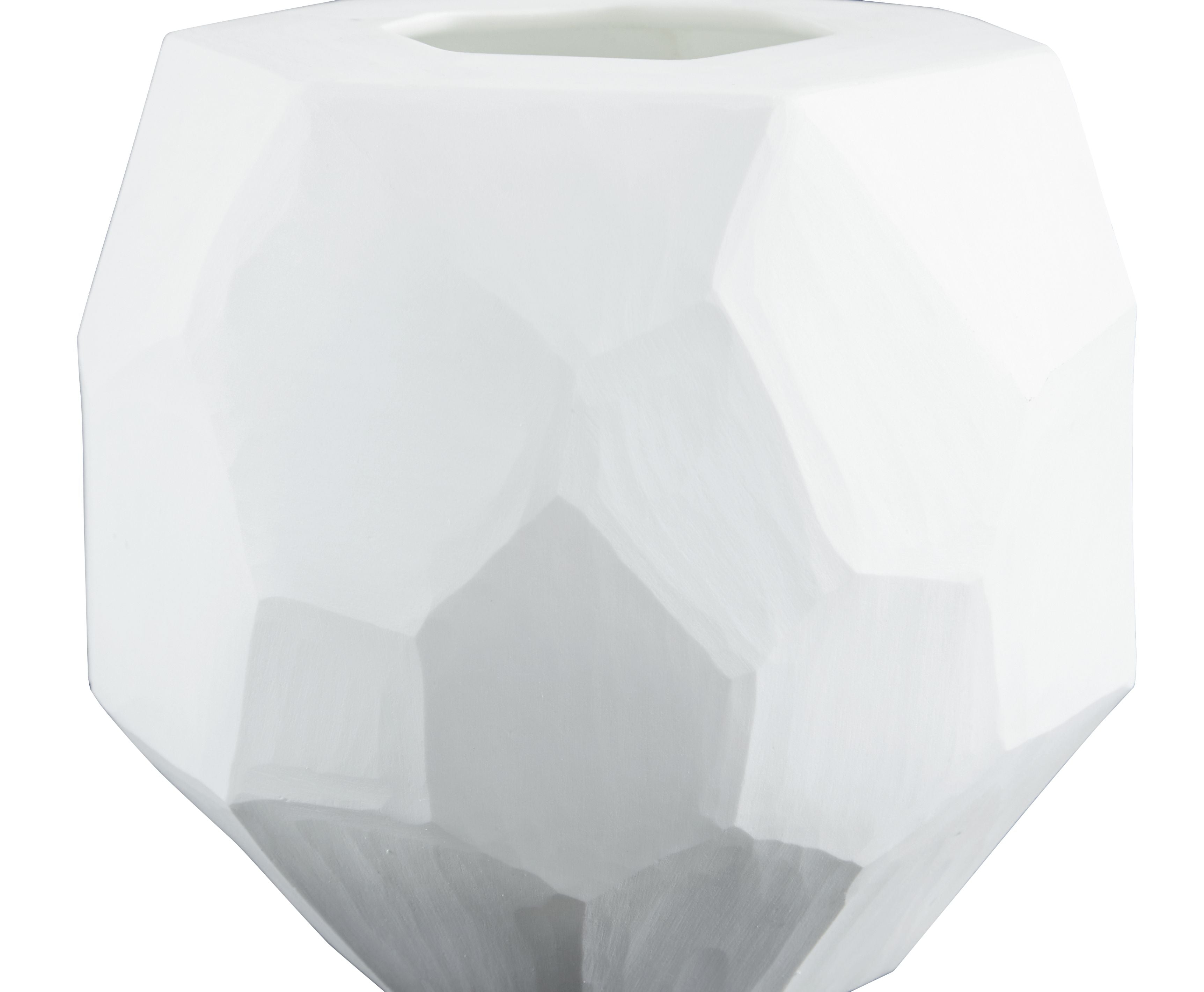 White faceted ceramic vase with open top and geometric facets