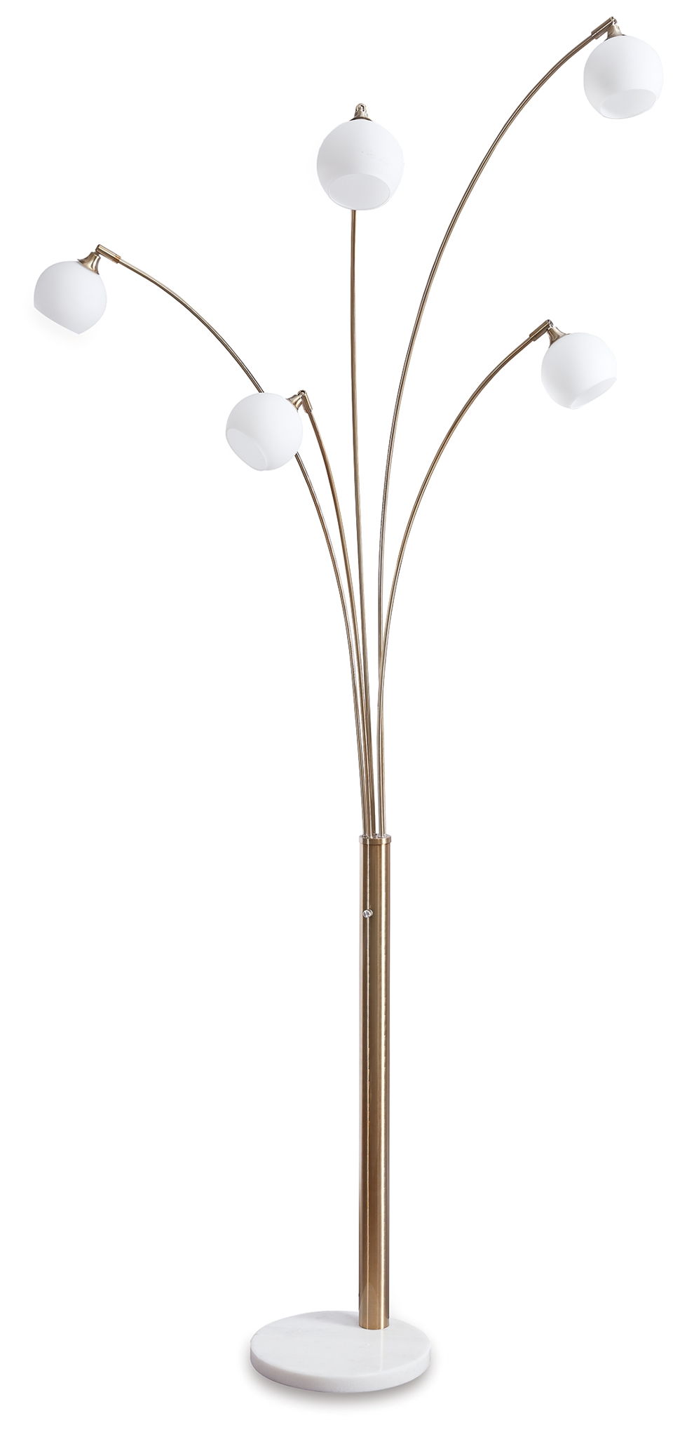 Metal arc floor lamp with champagne pole and white globe shades