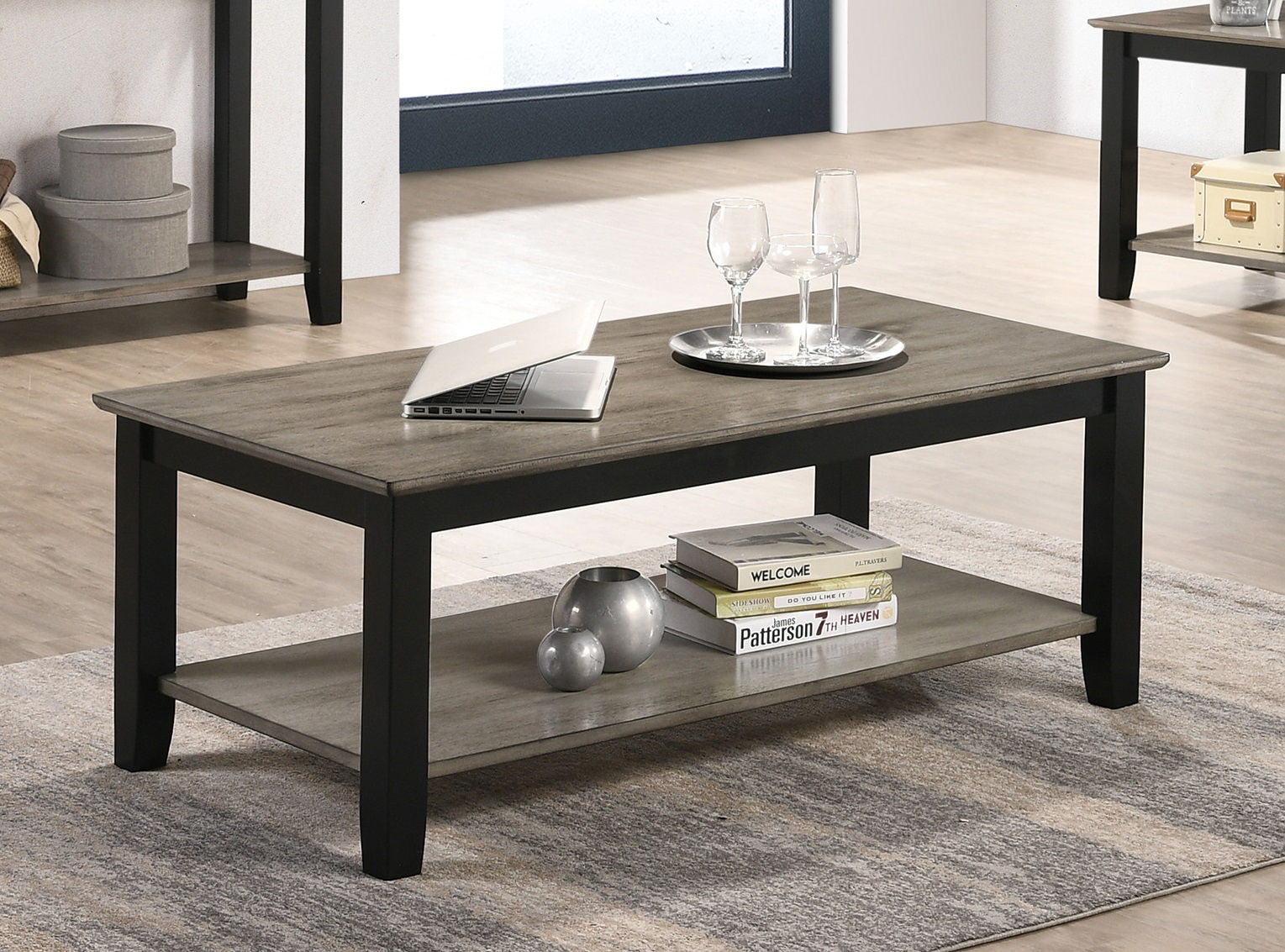 Coffee Table With Open Shelf In Dark Brown And Gray