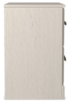 White two-drawer night stand side view with dark bar drawer handles