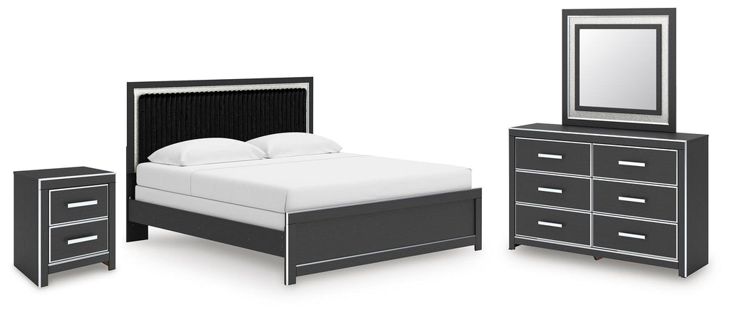 Black panel bedroom set with bed, nightstand, dresser, and square mirror