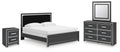 Black panel bedroom set with bed, nightstand, dresser, and square mirror