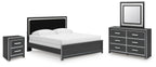 Black panel bedroom set with bed, nightstand, dresser, and square mirror