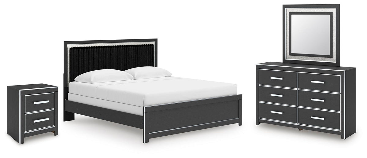 Black panel bedroom set with bed, nightstand, dresser, and square mirror