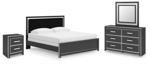 Black panel bedroom set with bed, nightstand, dresser, and square mirror