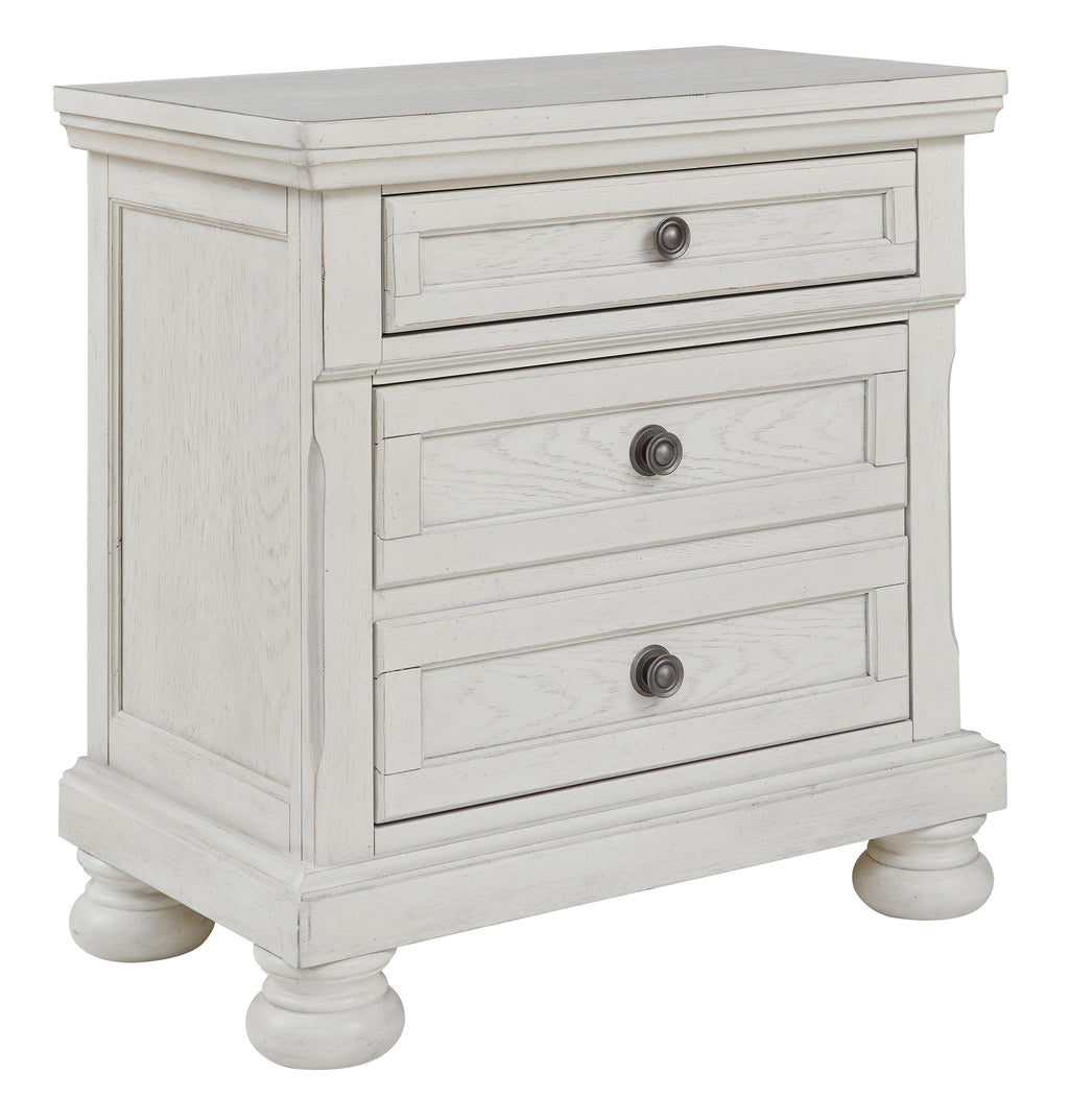 Antique white nightstand with two drawers and round metal pulls