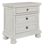 Antique white nightstand with two drawers and round metal pulls