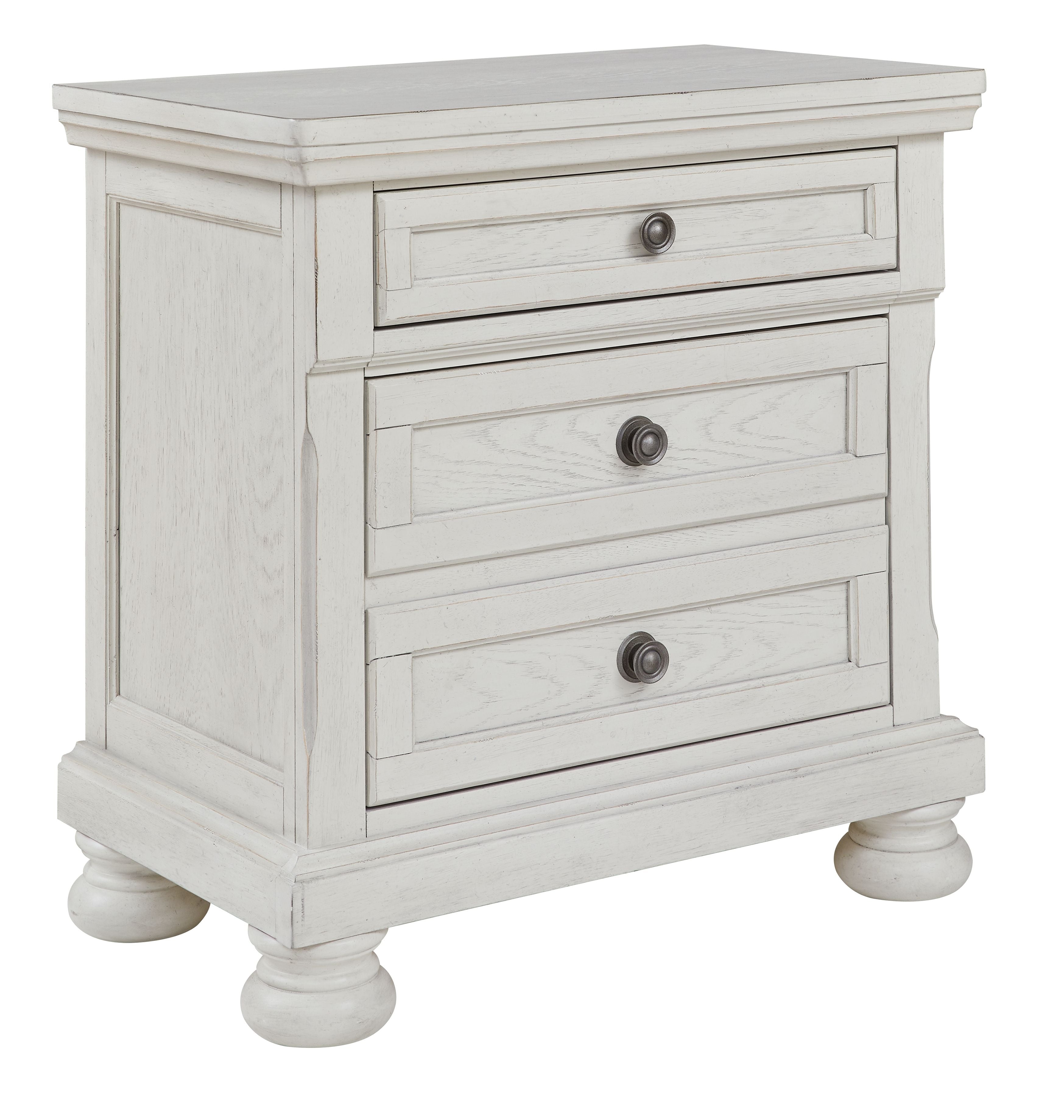 Antique white nightstand with two drawers and round metal pulls