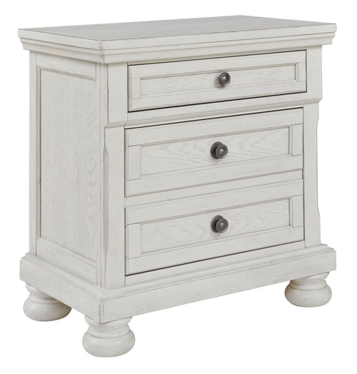 Antique white nightstand with two drawers and round metal pulls