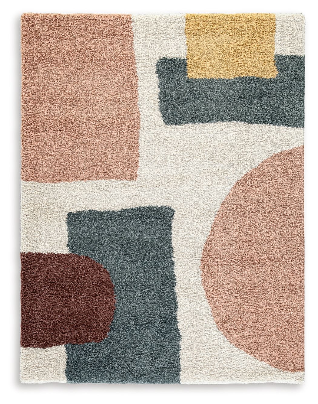 Geometric area rug with pink, tan, teal, and white blocks