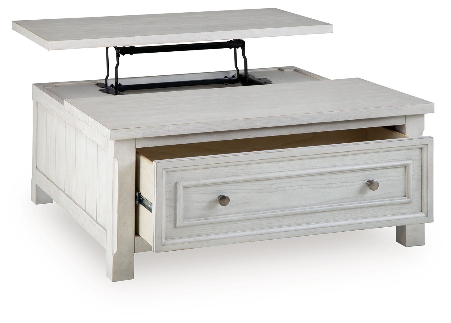 White lift-top table with a hidden compartment and front drawer with metal knobs.