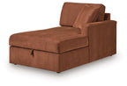Spice-brown corner chaise section with storage compartment and firm seat cushion.