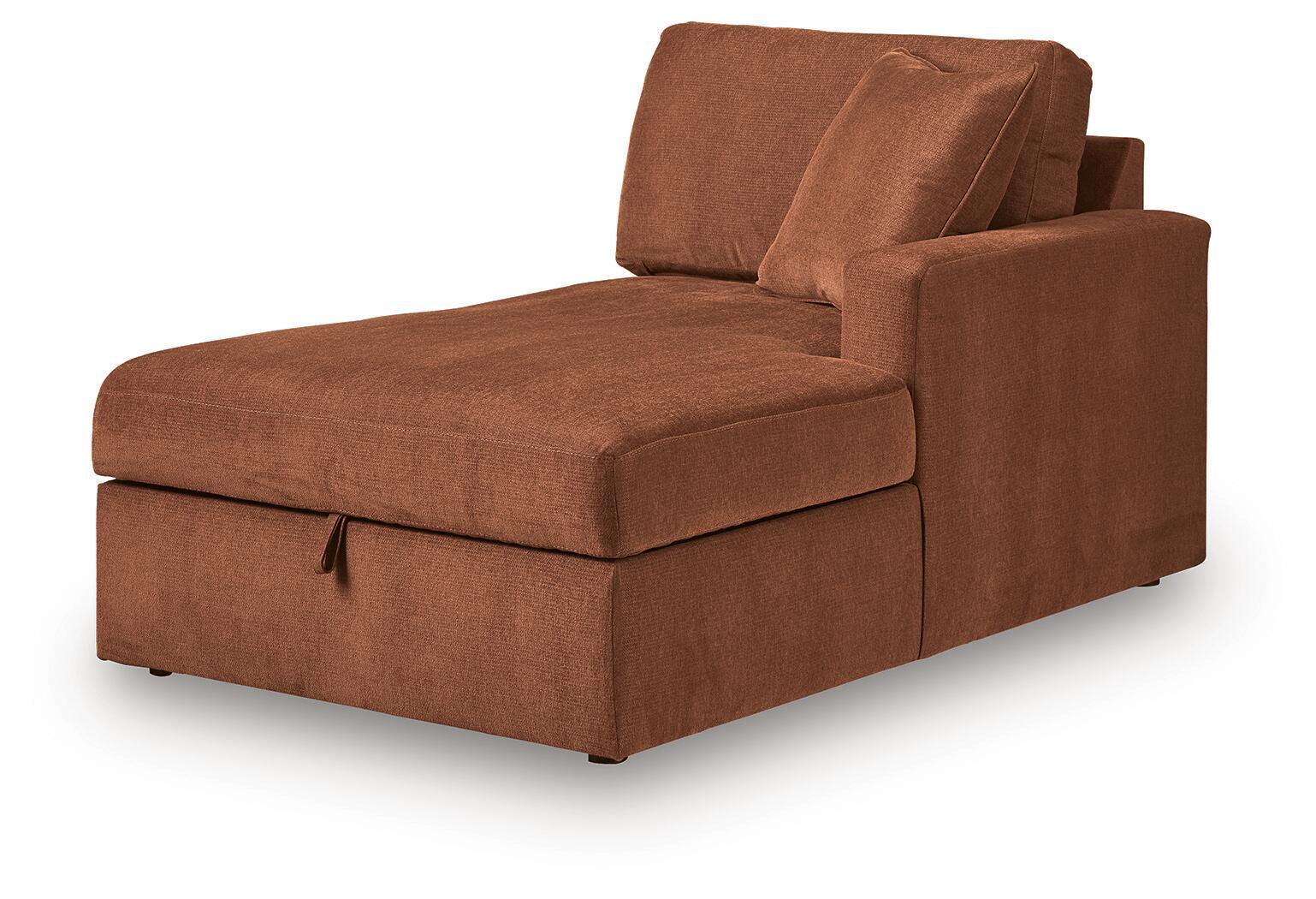 Spice-brown corner chaise section with storage compartment and firm seat cushion.