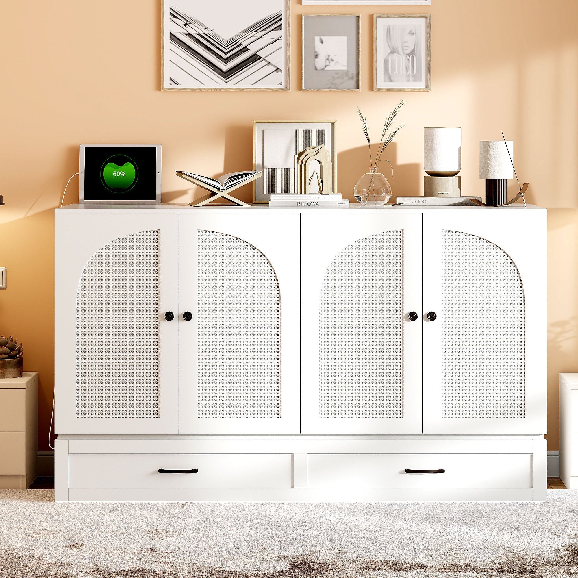 White Queen Size Murphy Bed with Large Storage Drawers