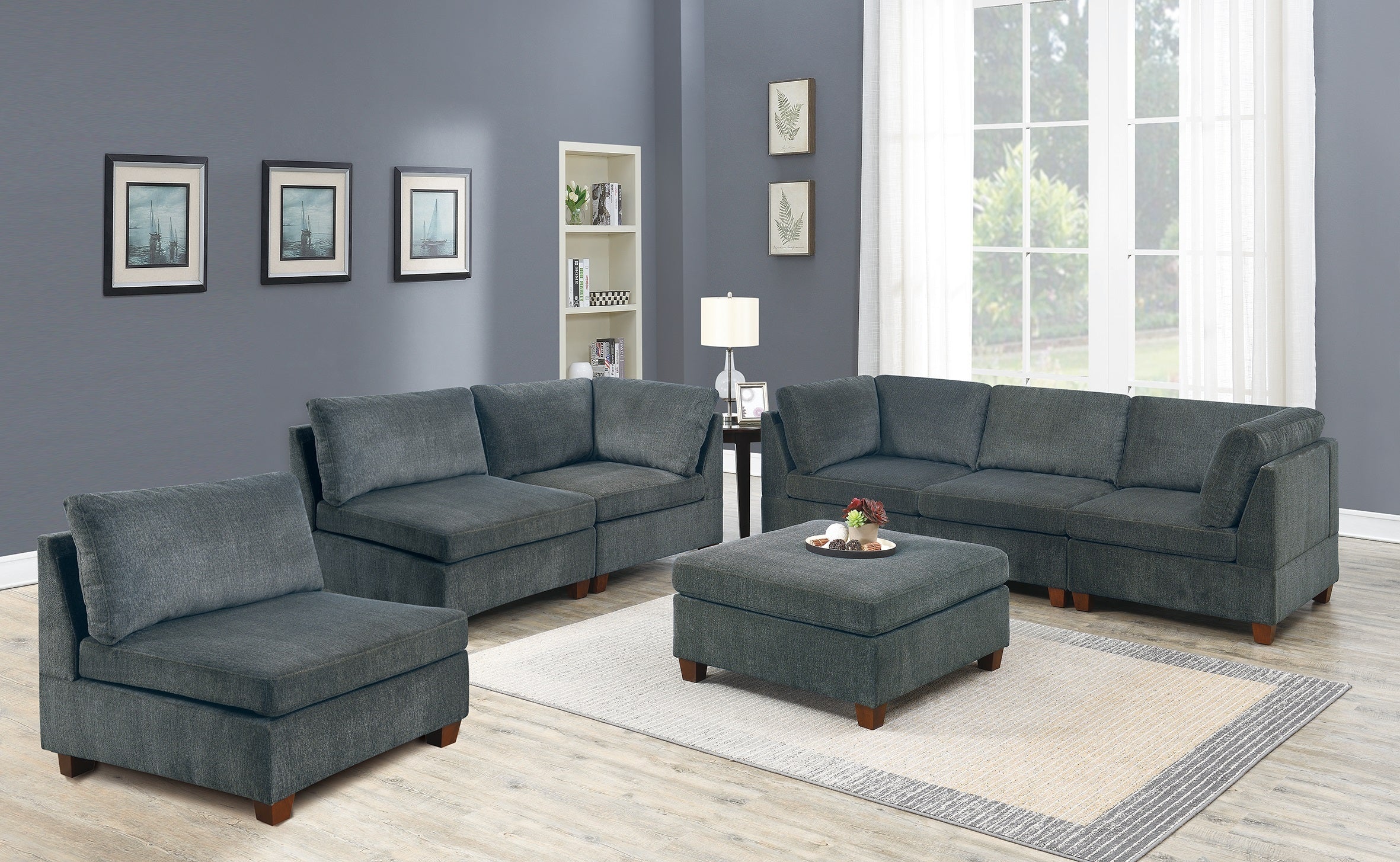 Living Room Gray Chenille 7pc Modular Sectional Sofa Set