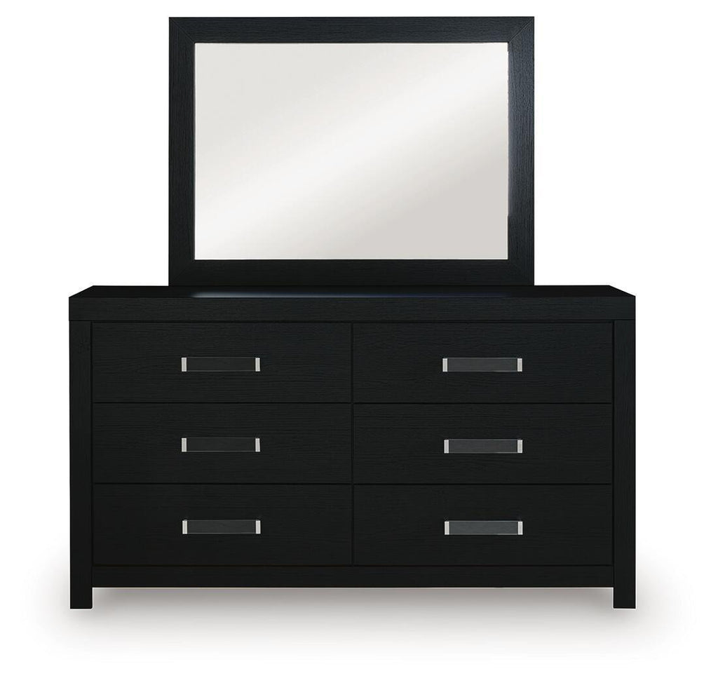 Black six-drawer dresser with attached mirror and silver bar handles, centered view.