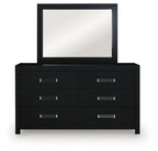 Black six-drawer dresser with attached mirror and silver bar handles, centered view.
