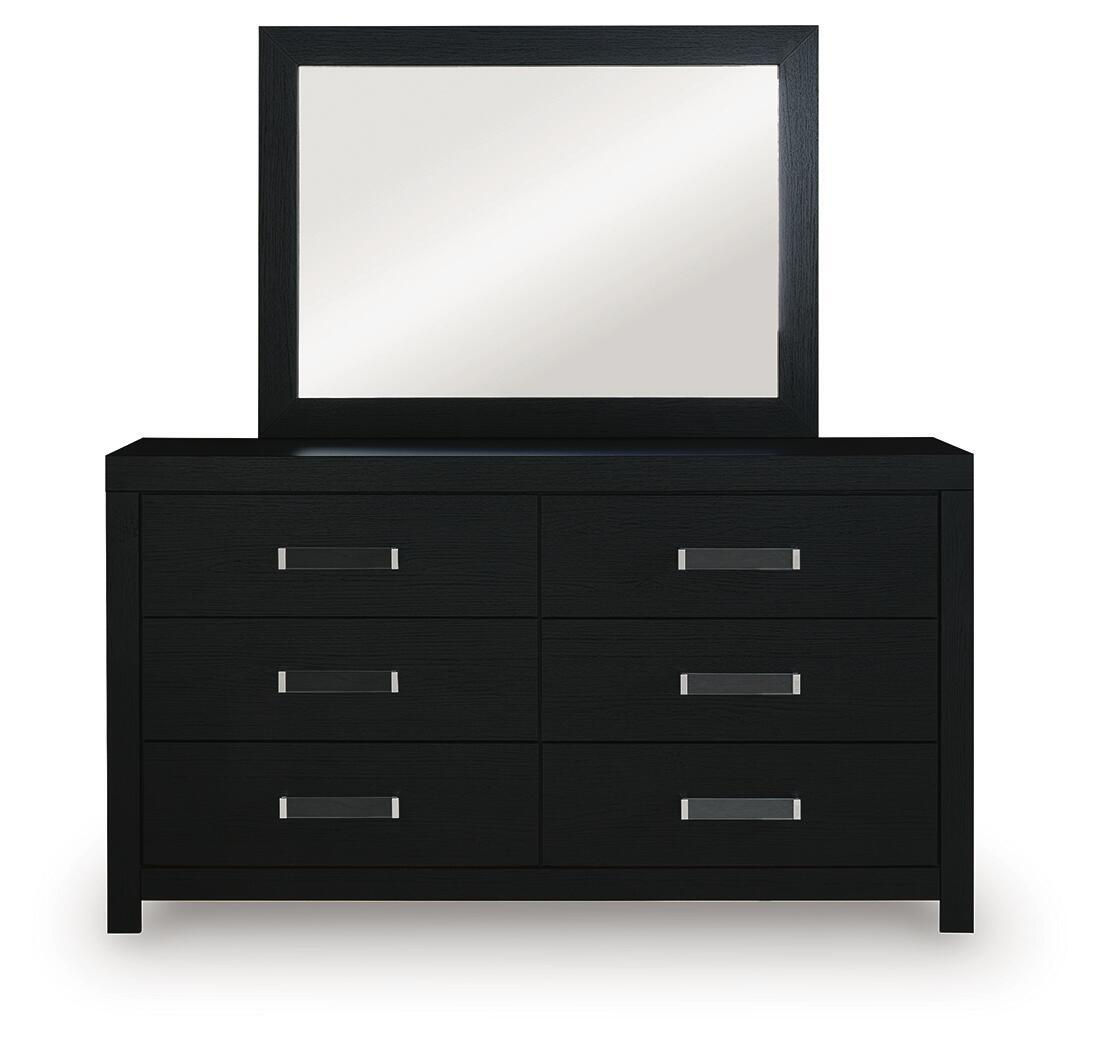 Black six-drawer dresser with attached mirror and silver bar handles, centered view.