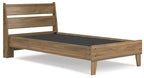 Light brown platform panel bed frame with dark slatted base and no mattress