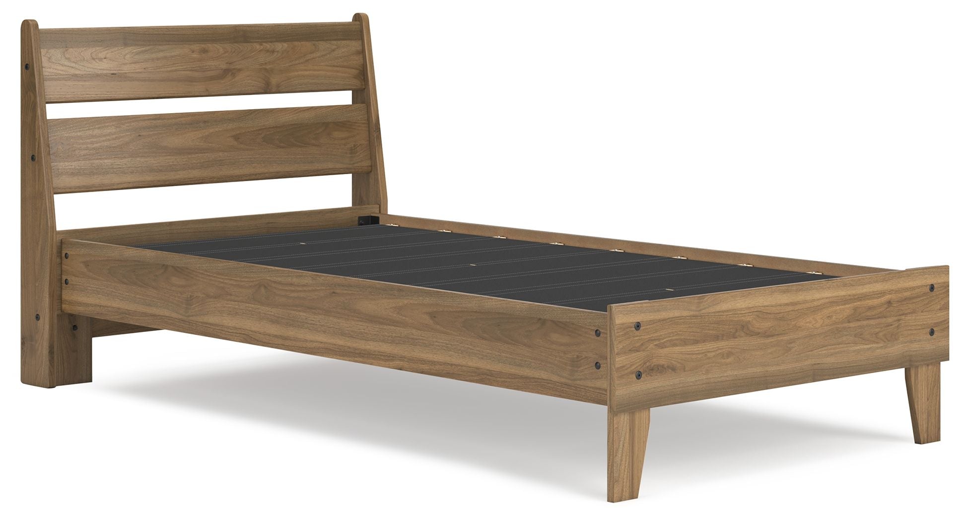 Light brown platform panel bed frame with dark slatted base and no mattress