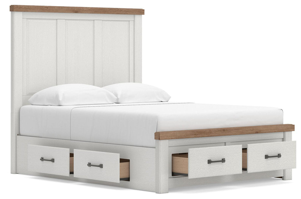 White panel storage bed with multiple under-bed drawers and wood-trim accents