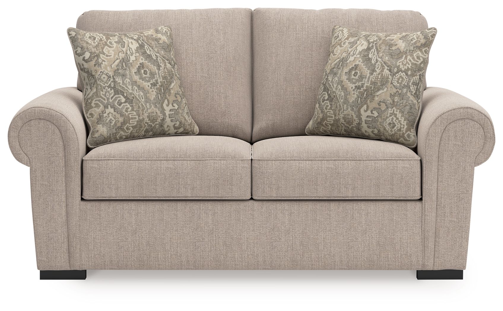 Beige loveseat front view with rolled arms, two back pillows, and patterned cushions