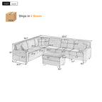 Green corduroy U-shaped sectional sofa diagram with labeled measurements