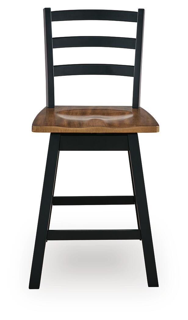 Black swivel stool with slatted back and round wood seat