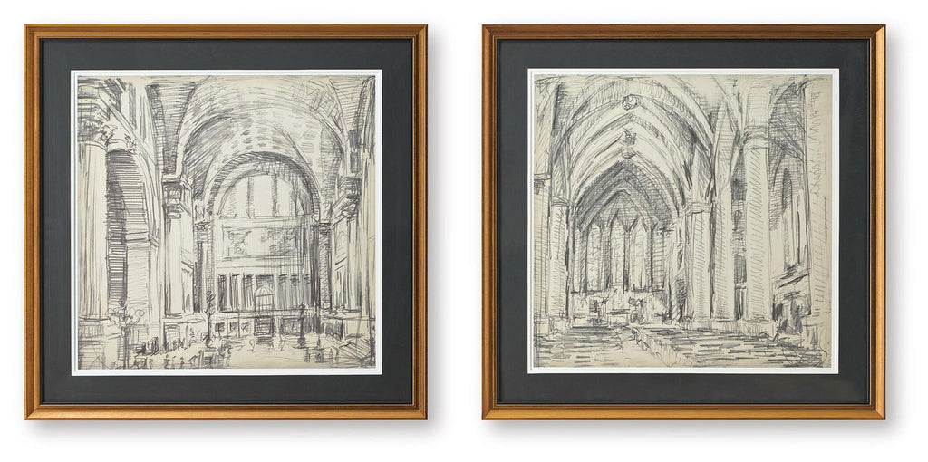 Framed wall art set of 2 with gold-tone frames and black mats, arch cathedral prints