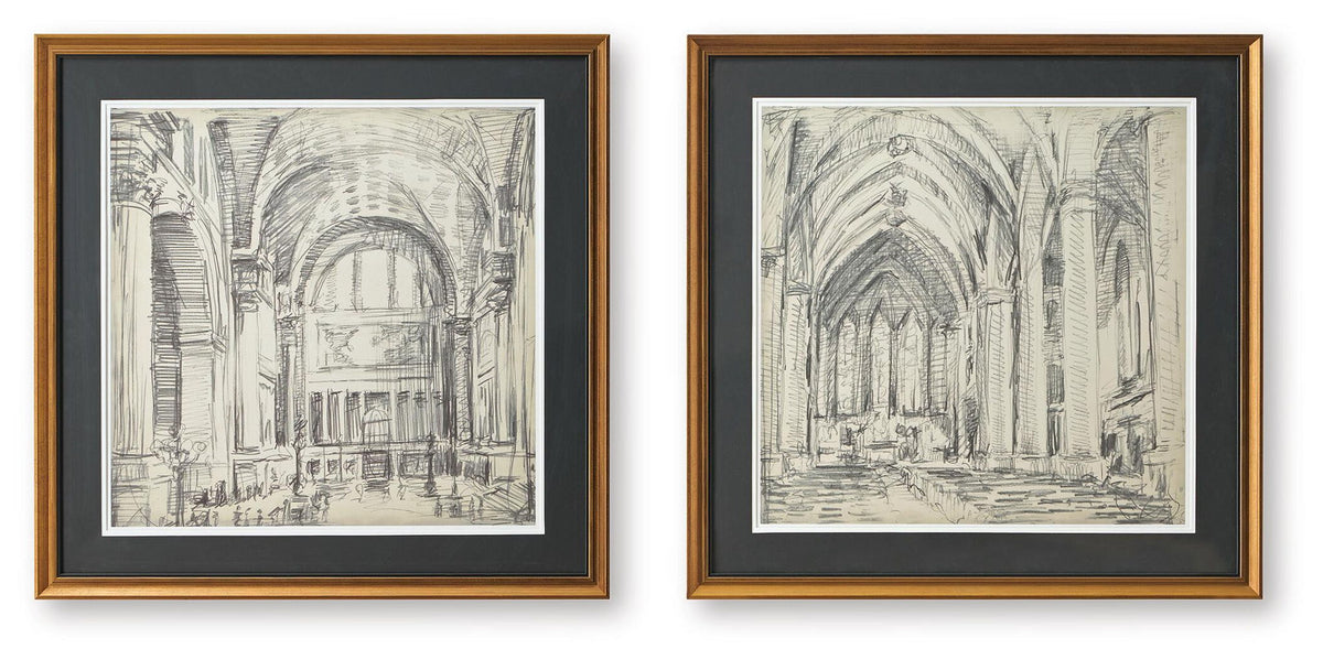 Framed wall art set of 2 with gold-tone frames and black mats, arch cathedral prints
