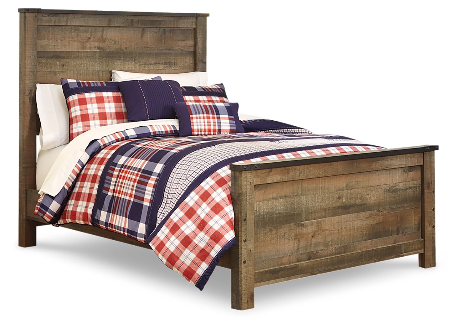 Panel bed with side drawers and plaid bedding in red, white, and navy with pillows