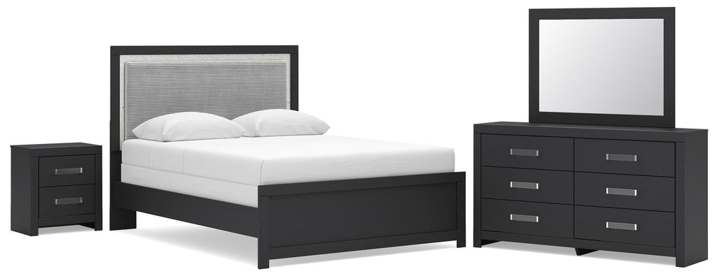 Black upholstered panel bedroom set with bed, dresser, mirror, and nightstand
