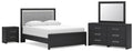 Black upholstered panel bedroom set with bed, dresser, mirror, and nightstand