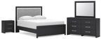 Black upholstered panel bedroom set with bed, dresser, mirror, and nightstand
