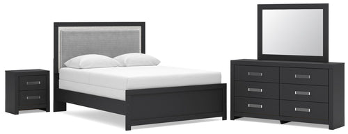 Black upholstered panel bedroom set with bed, dresser, mirror, and nightstand