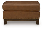 Saonara amber ottoman, padded cushion top, studded side trim, dark wooden legs