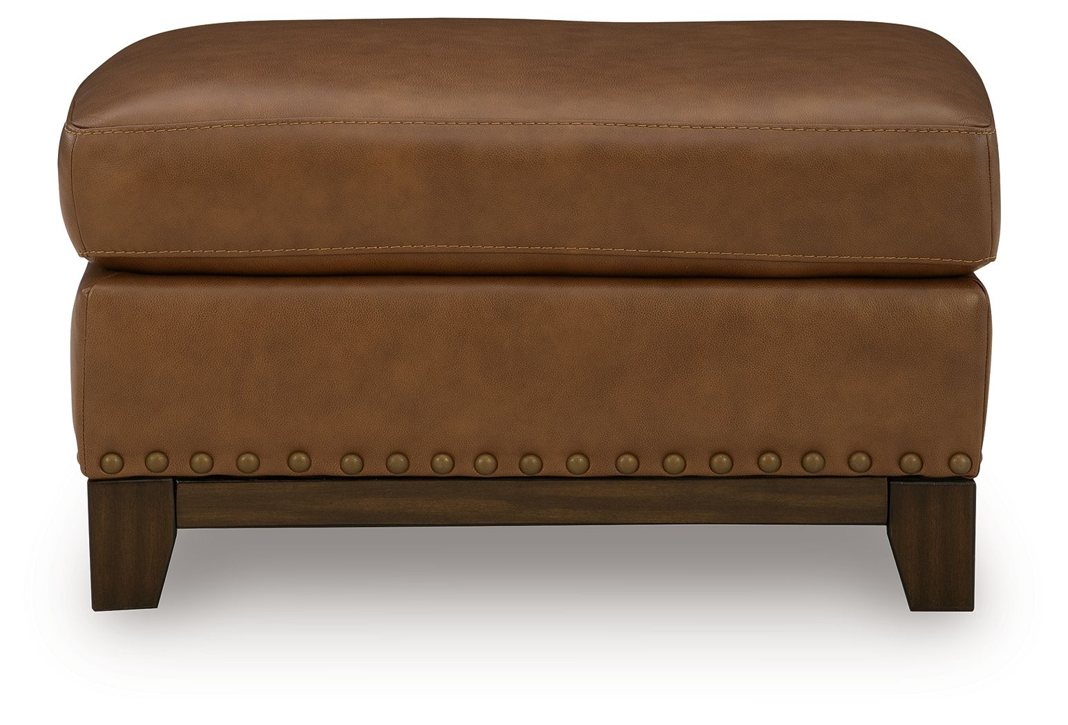 Saonara amber ottoman, padded cushion top, studded side trim, dark wooden legs